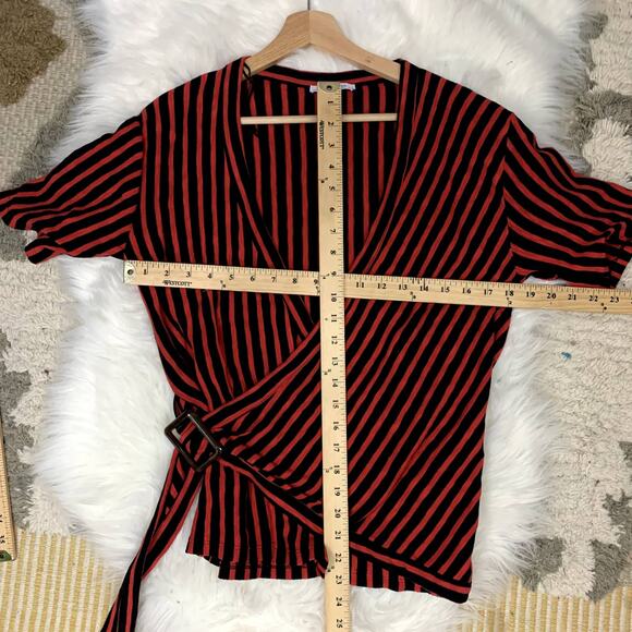 Zara Red Navy Blue Stripe Faux Wrap Knit Top S Small Buckle - Picture 8 of 8